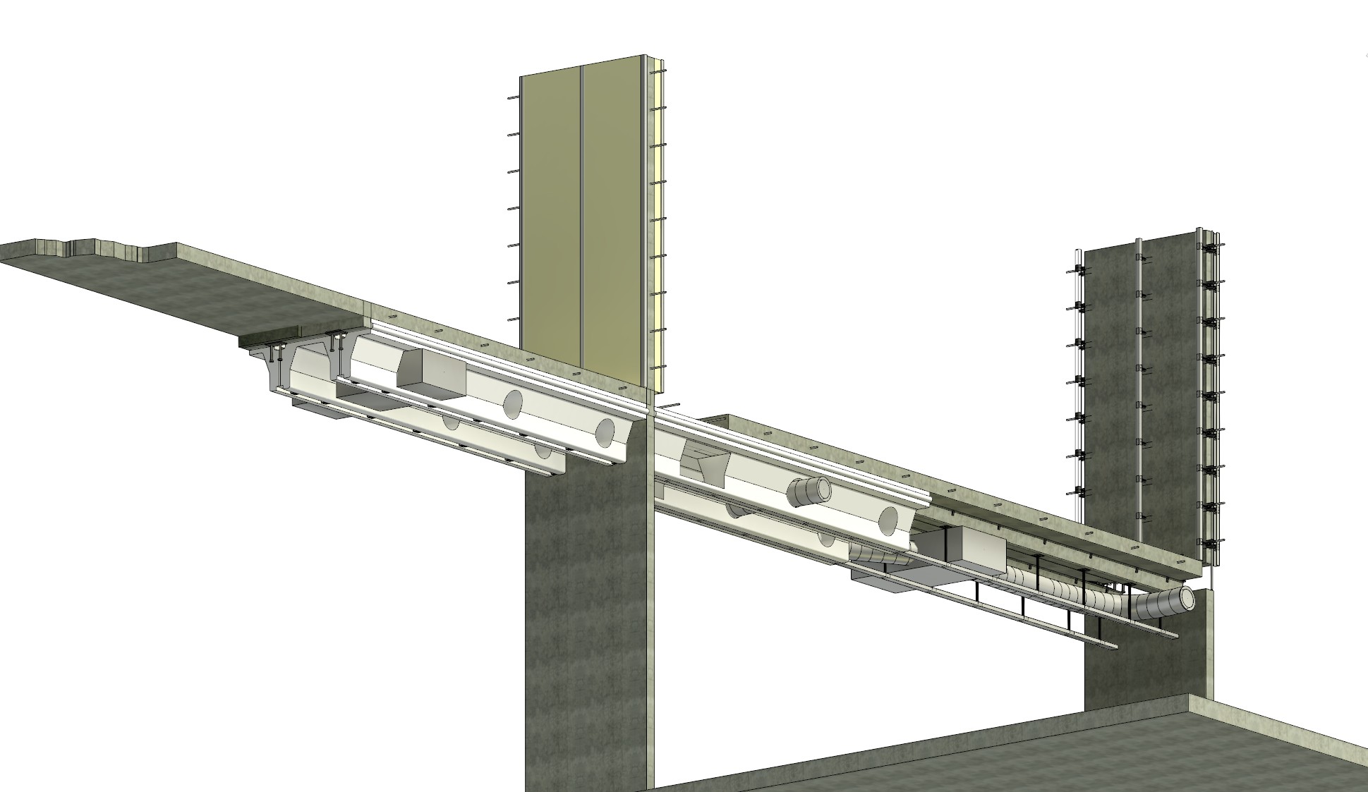 Full building section — precast, wire-cut foam forms, party wall, insulated floors, craned panels