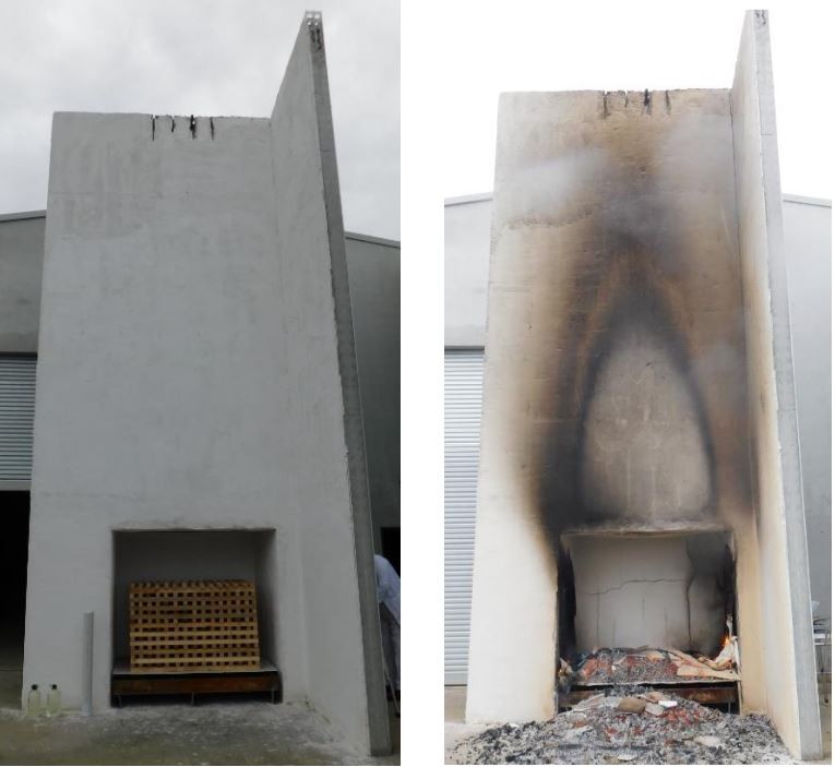 U-Stucco fire test — finished panel before and after a full burn